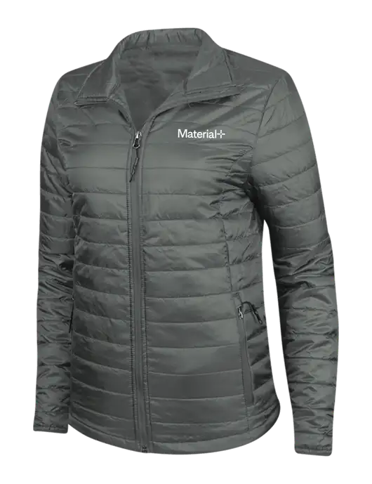 Dark Grey Womens Puffy Packable Jacket w/Material+ Logo