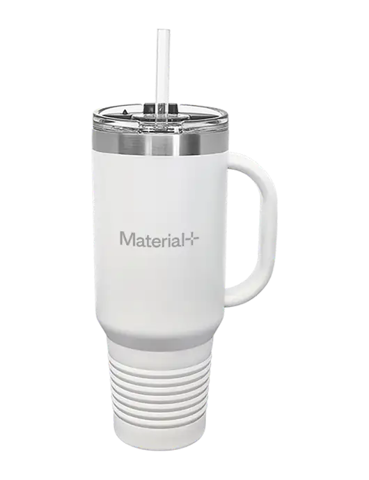 Polar Camel 40 oz. Powder Coated Vacuum Insulated White Travel Mug with Straw w/Material+ Logo