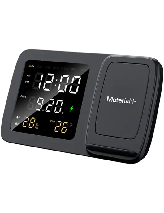 Dock It Wireless Charger, Digital Alarm Clock,  Temperature & Humidity Display w/Material+ Logo