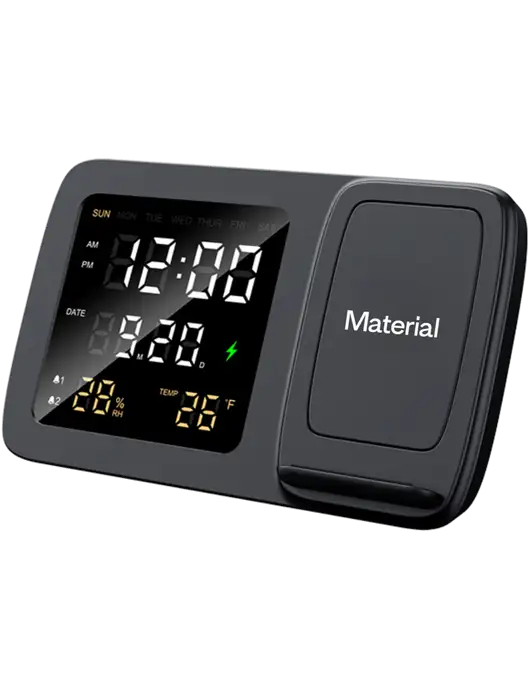 Dock It Wireless Charger, Digital Alarm Clock,  Temperature & Humidity Display w/Material Logo